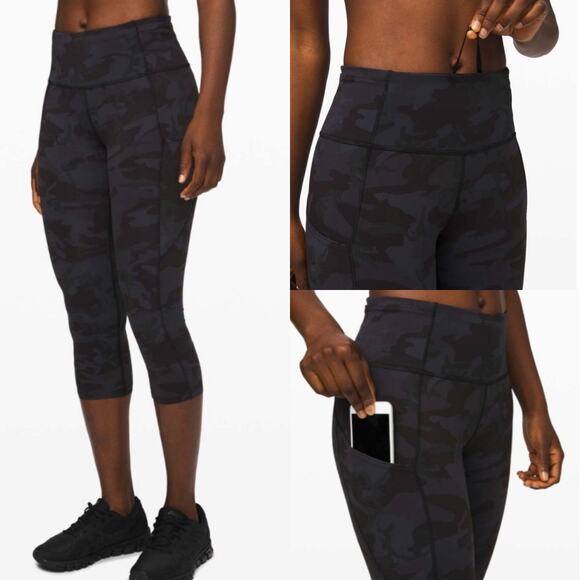 Lululemon Blue Camo Print Fast & Free Cropped Leggings Size 6 - Picture 1 of 7